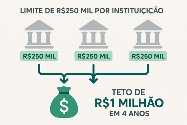 Infográfico explicativo sobre o Fundo Garantidor de Créditos (FGC), destacando que ele funciona como um seguro para depósitos e investimentos elegíveis, garantindo a devolução de valores até o limite de cobertura em caso de falência de instituições financeiras