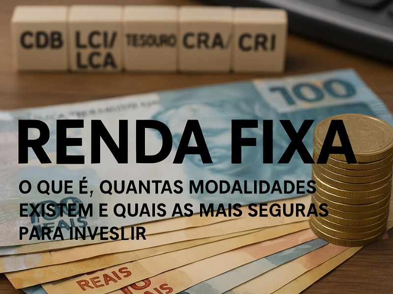 Gráfico ilustrando diferentes tipos de investimentos em renda fixa, com destaque para Tesouro Direto, CDB e LCI/LCA, simbolizando segurança e crescimento